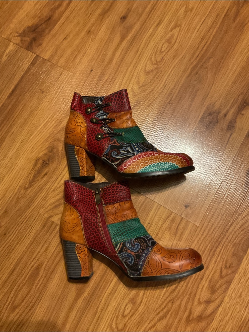 Women Socofy Embossed Floral Leather Splicing Chunky Heel Ankle Boots Size 39 8